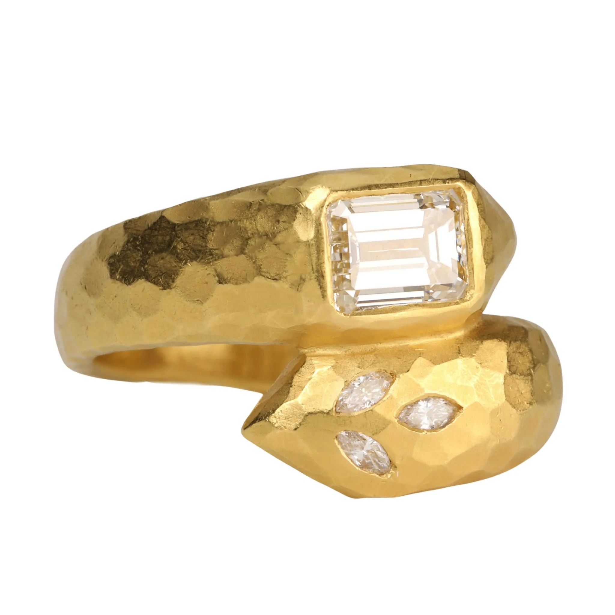 22K Gold Deconstructed Garland Wrap Ring with Emerald-Cut Diamond