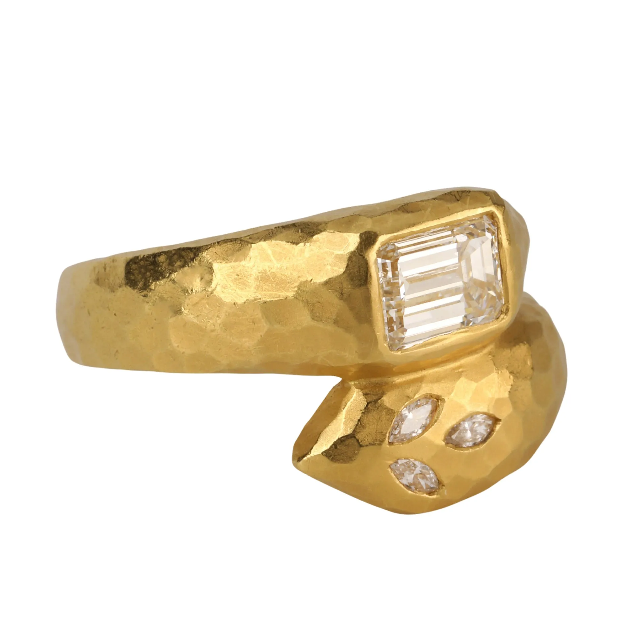 22K Gold Deconstructed Garland Wrap Ring with Emerald-Cut Diamond