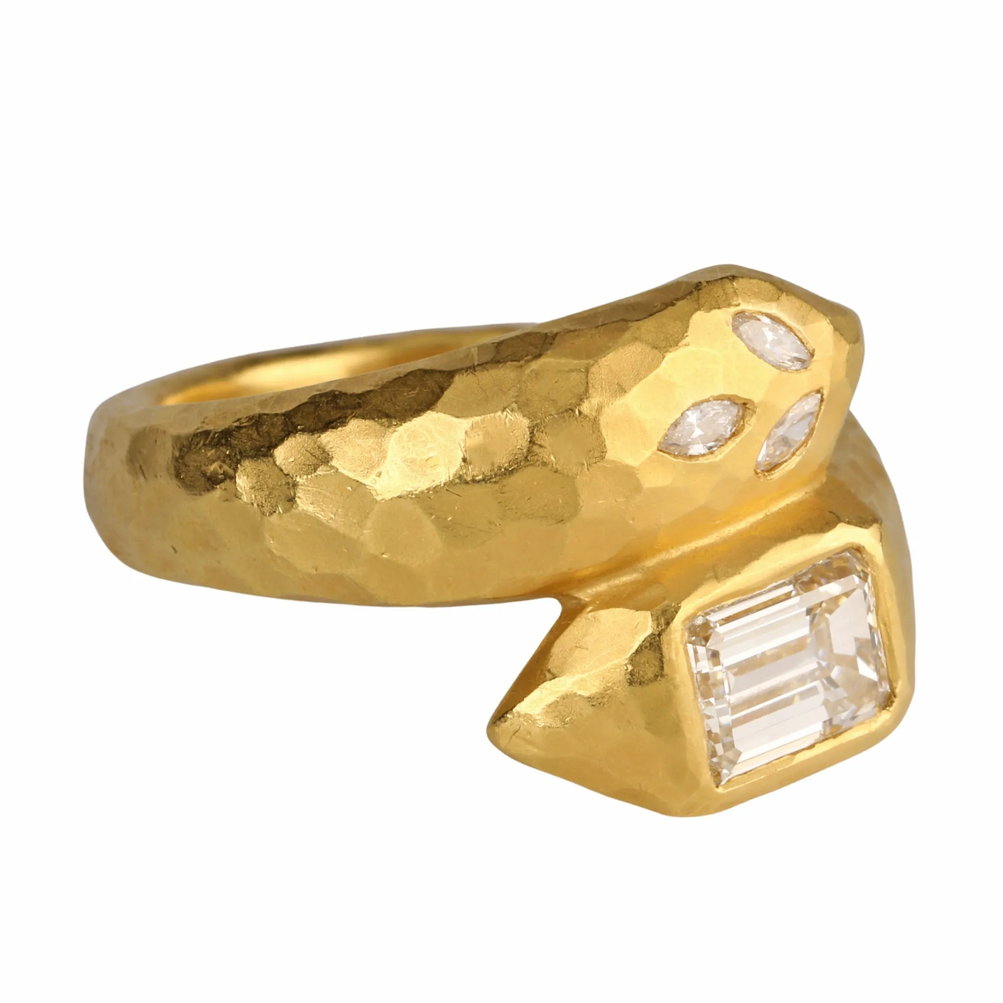 22K Gold Deconstructed Garland Wrap Ring with Emerald-Cut Diamond