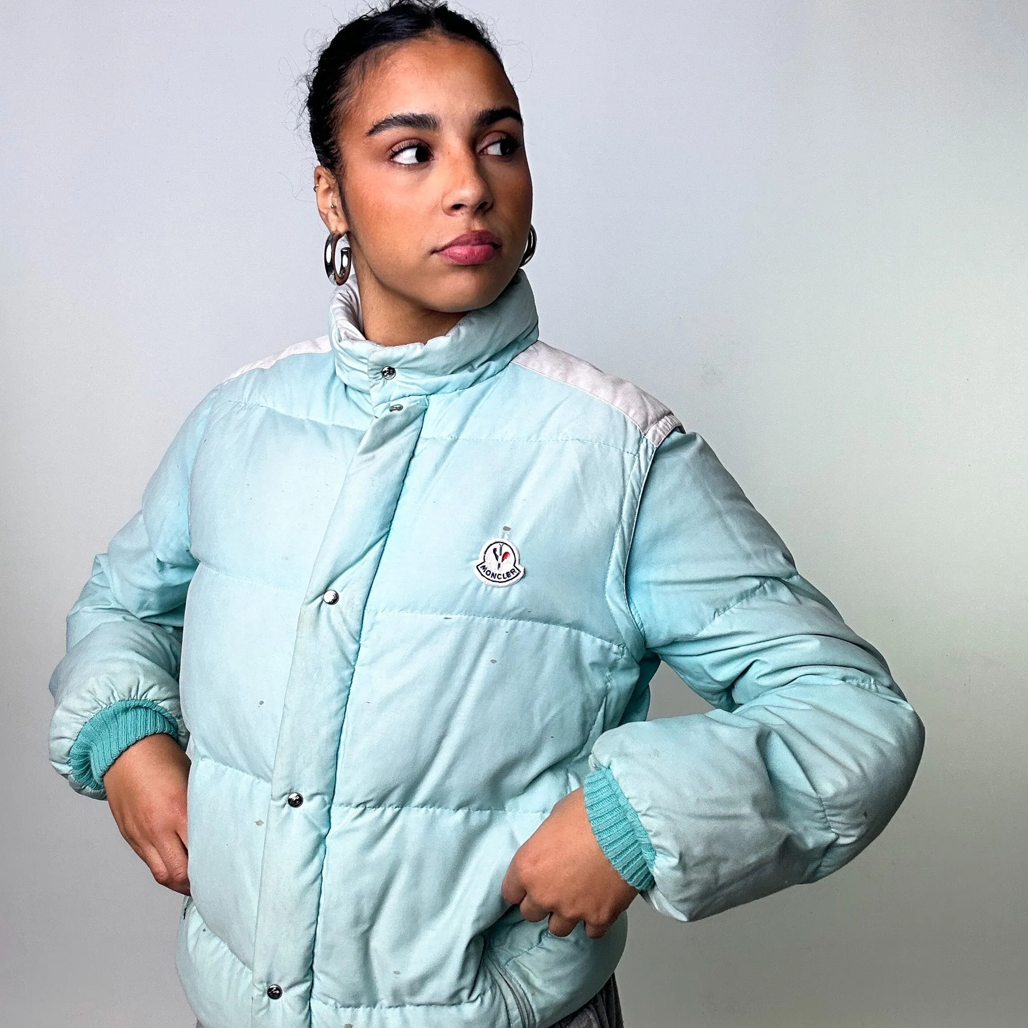 Aqua Blue 80s Moncler Grenoble Puffer Jacket Coat (M)