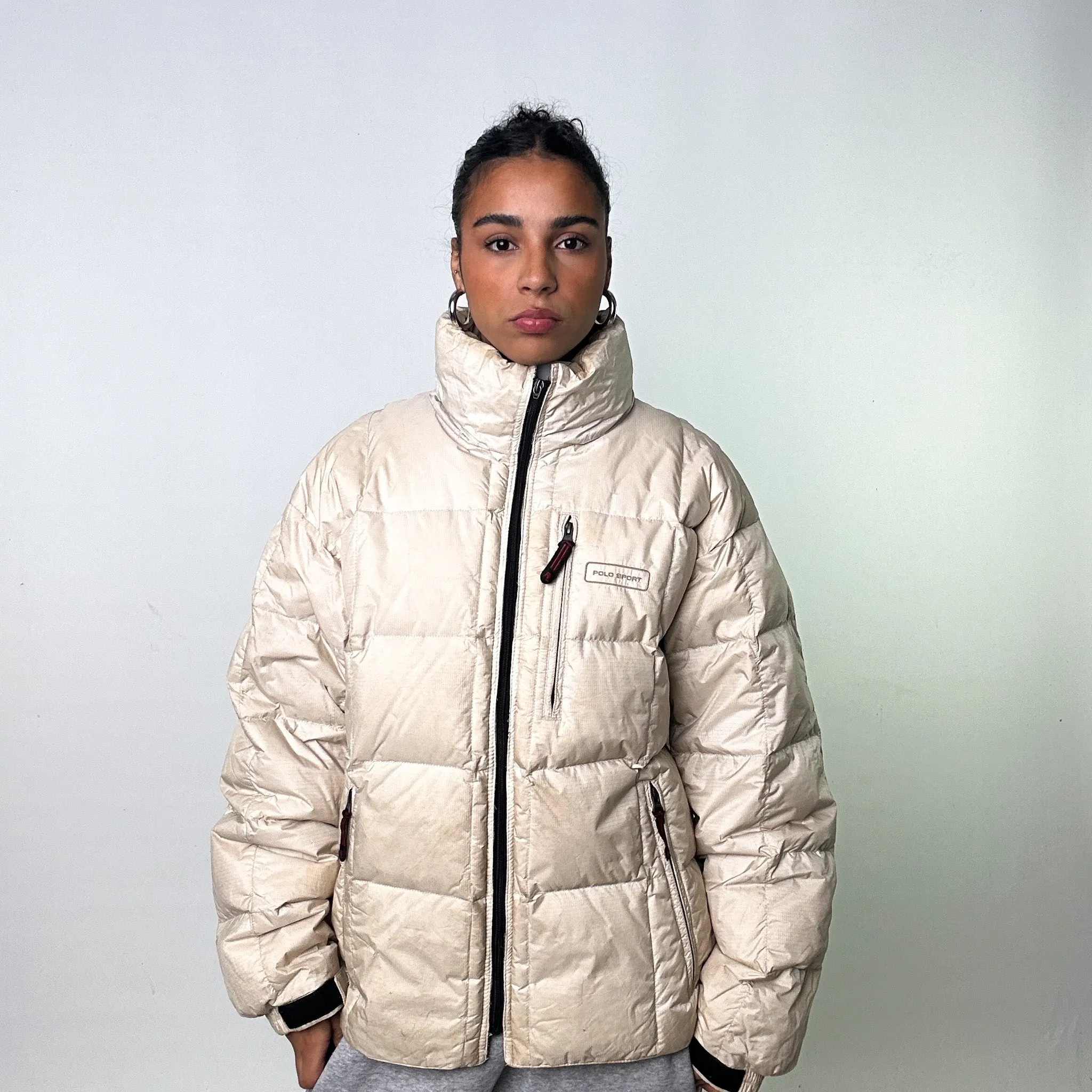 Beige Tan 90s Polo Sport Ralph Lauren Puffer Jacket Coat (XL)