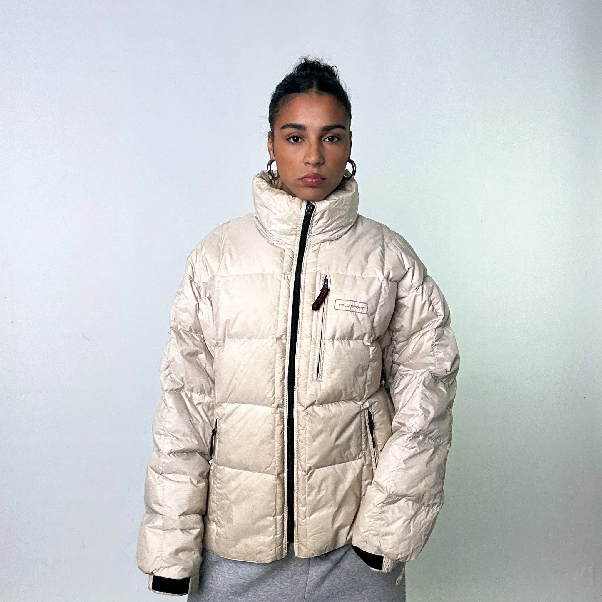 Beige Tan 90s Polo Sport Ralph Lauren Puffer Jacket Coat (XL)