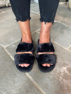 Black Fluffy Strap Slippers