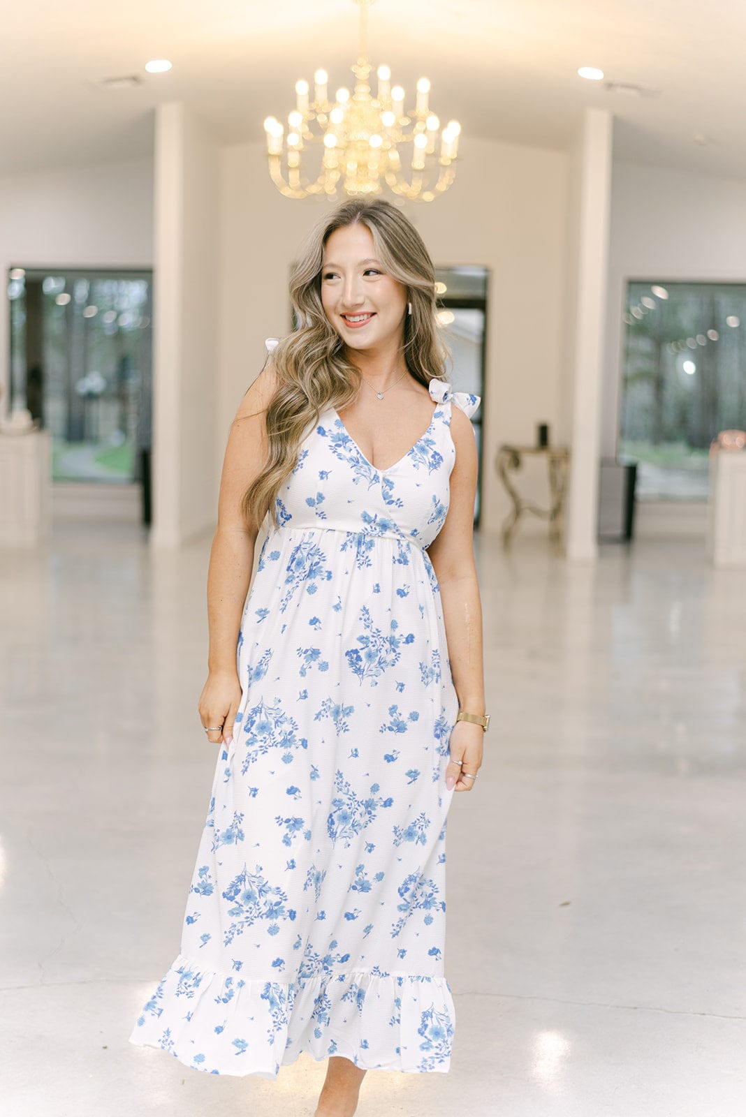 Blue & White Floral Shoulder Tie Midi Dress