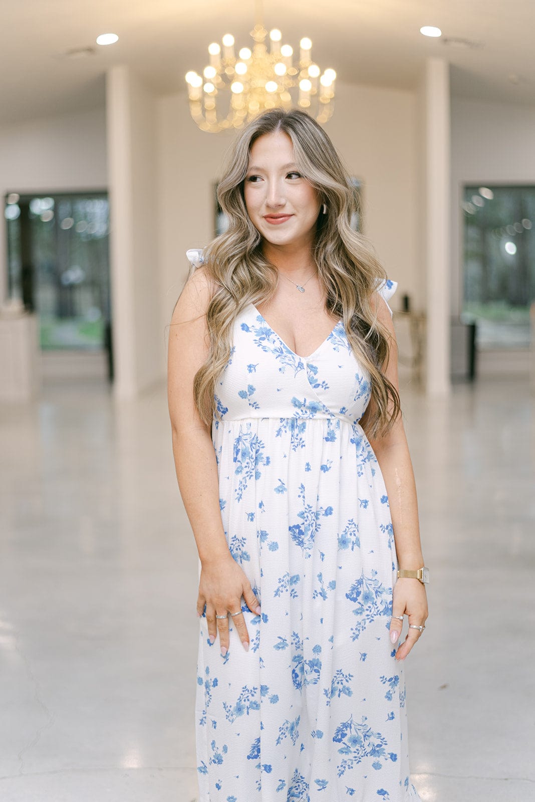 Blue & White Floral Shoulder Tie Midi Dress