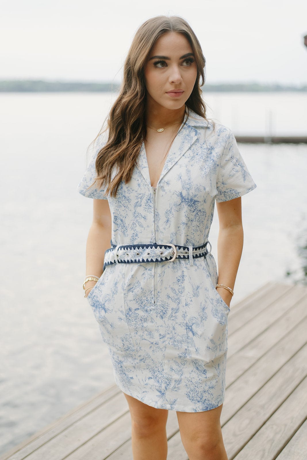 Blue Floral Belted Denim Dress