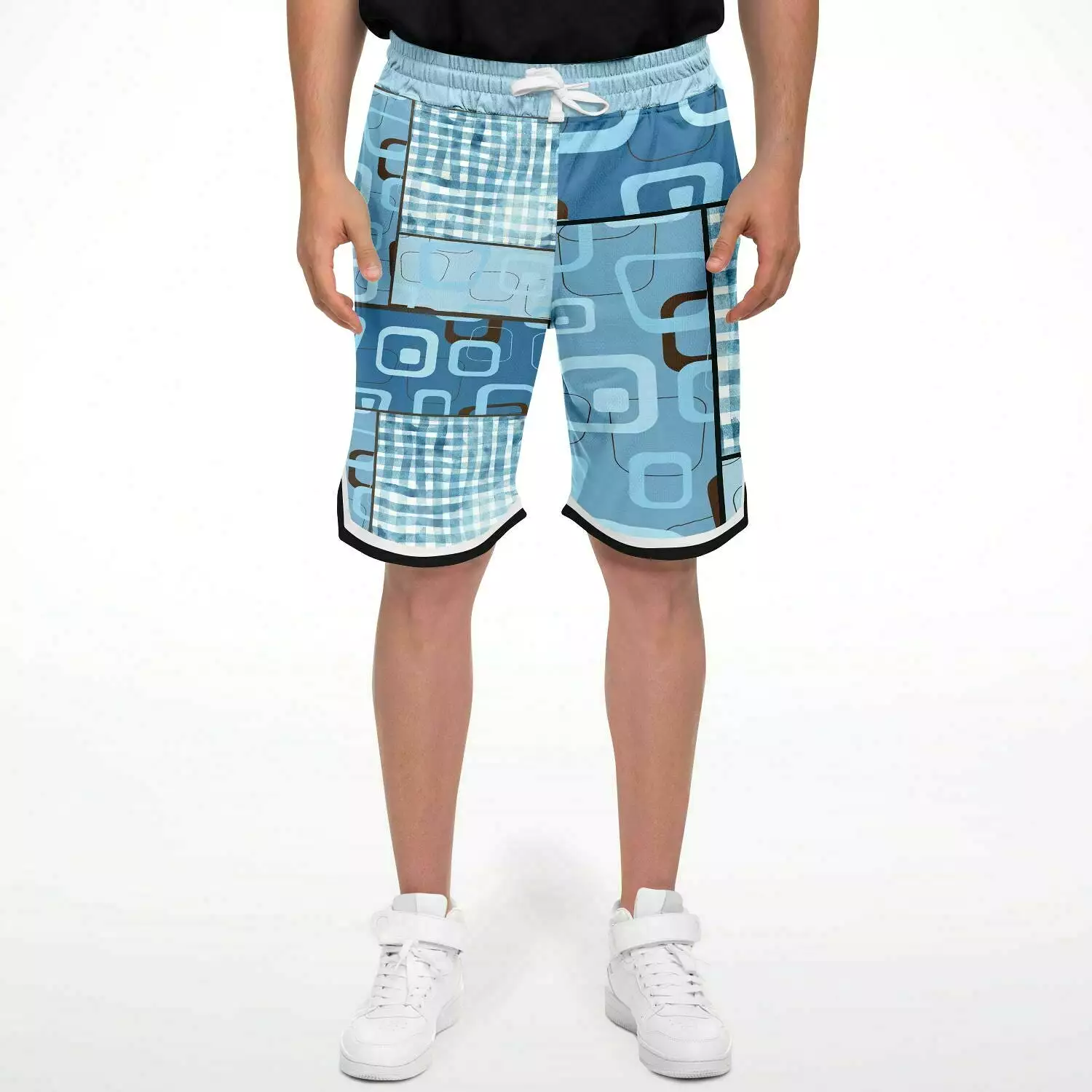 Blue Geo Patchwork Plaid Basketball Shorts