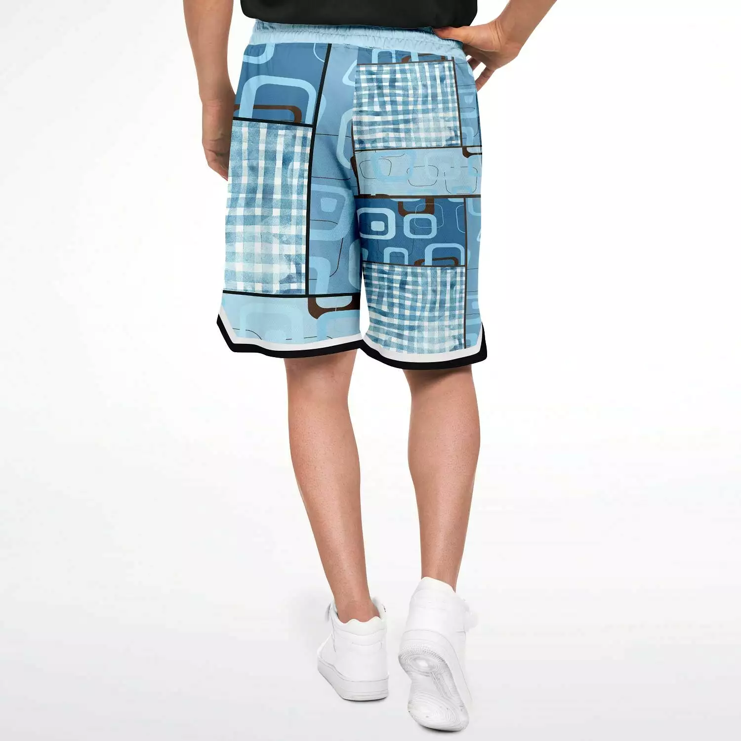 Blue Geo Patchwork Plaid Basketball Shorts