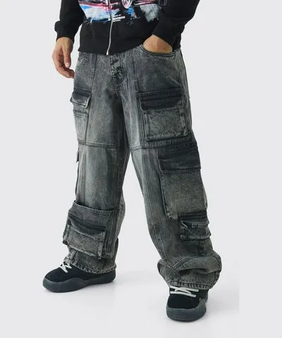 boohoo Mens Baggy Fit Acid Wash Denim Cargo Jeans