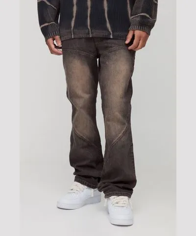 boohoo Mens Slim Flared Brown Tint Panelled Jeans