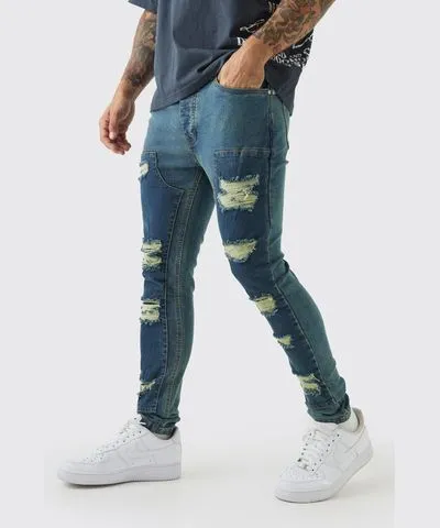 boohoo Mens Super Skinny Stretch Carpenter Rip & Repair Denim Jeans