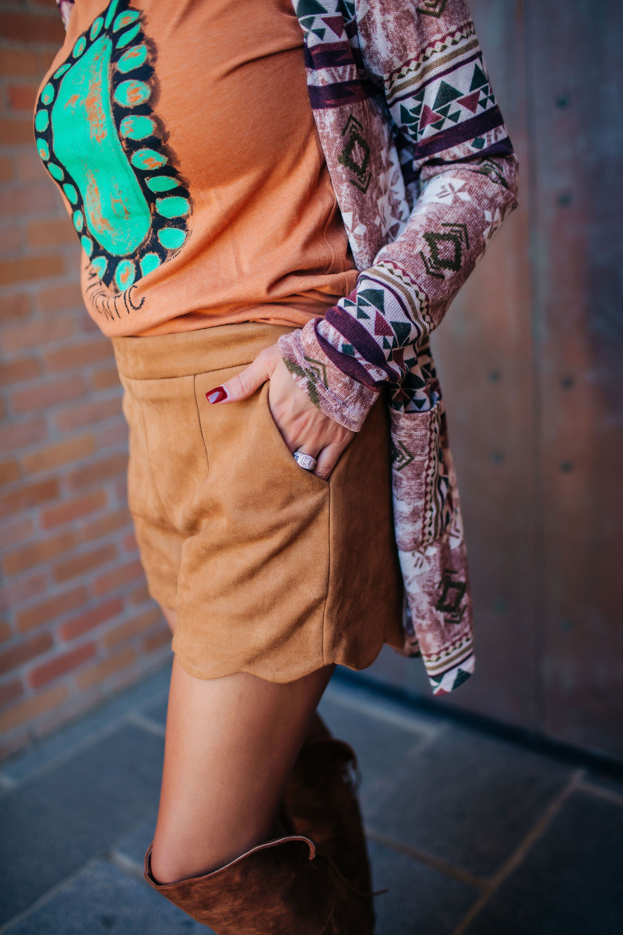 Camel Suede Scalloped Shorts