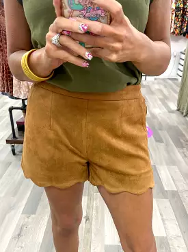 Camel Suede Scalloped Shorts