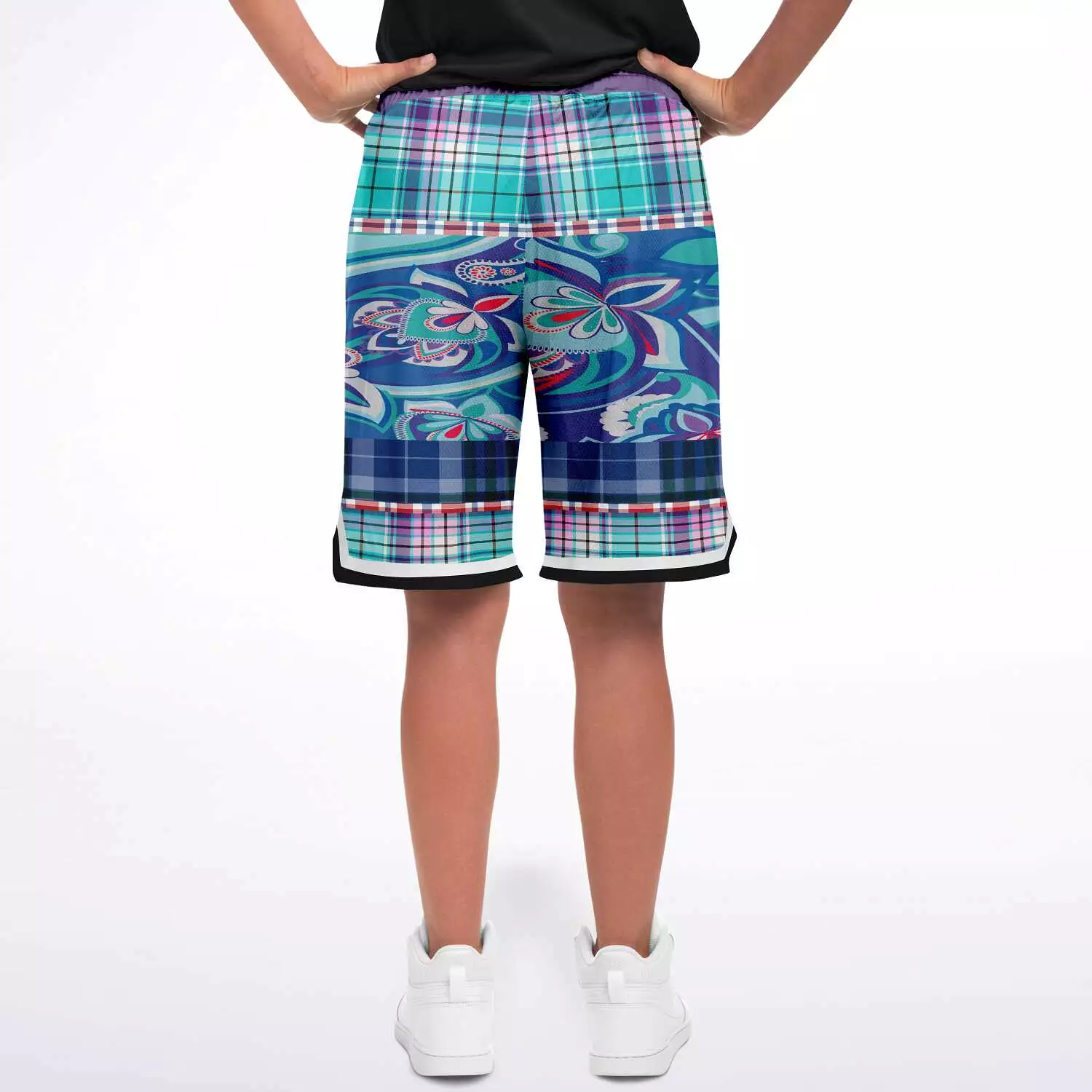 Cerulean Plaid Paisley Basketball Shorts