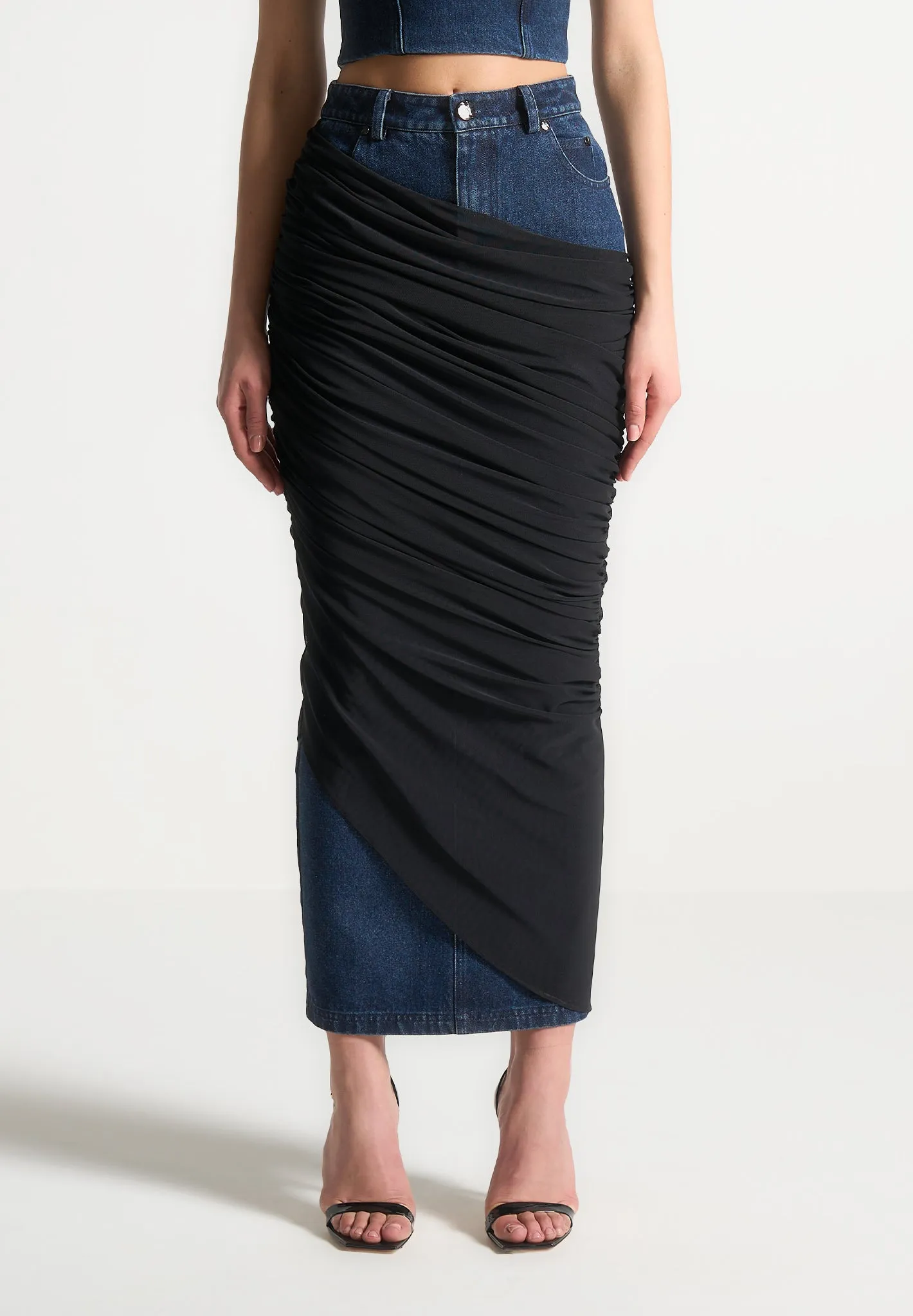 Draped Mesh Denim Maxi Skirt - Indigo