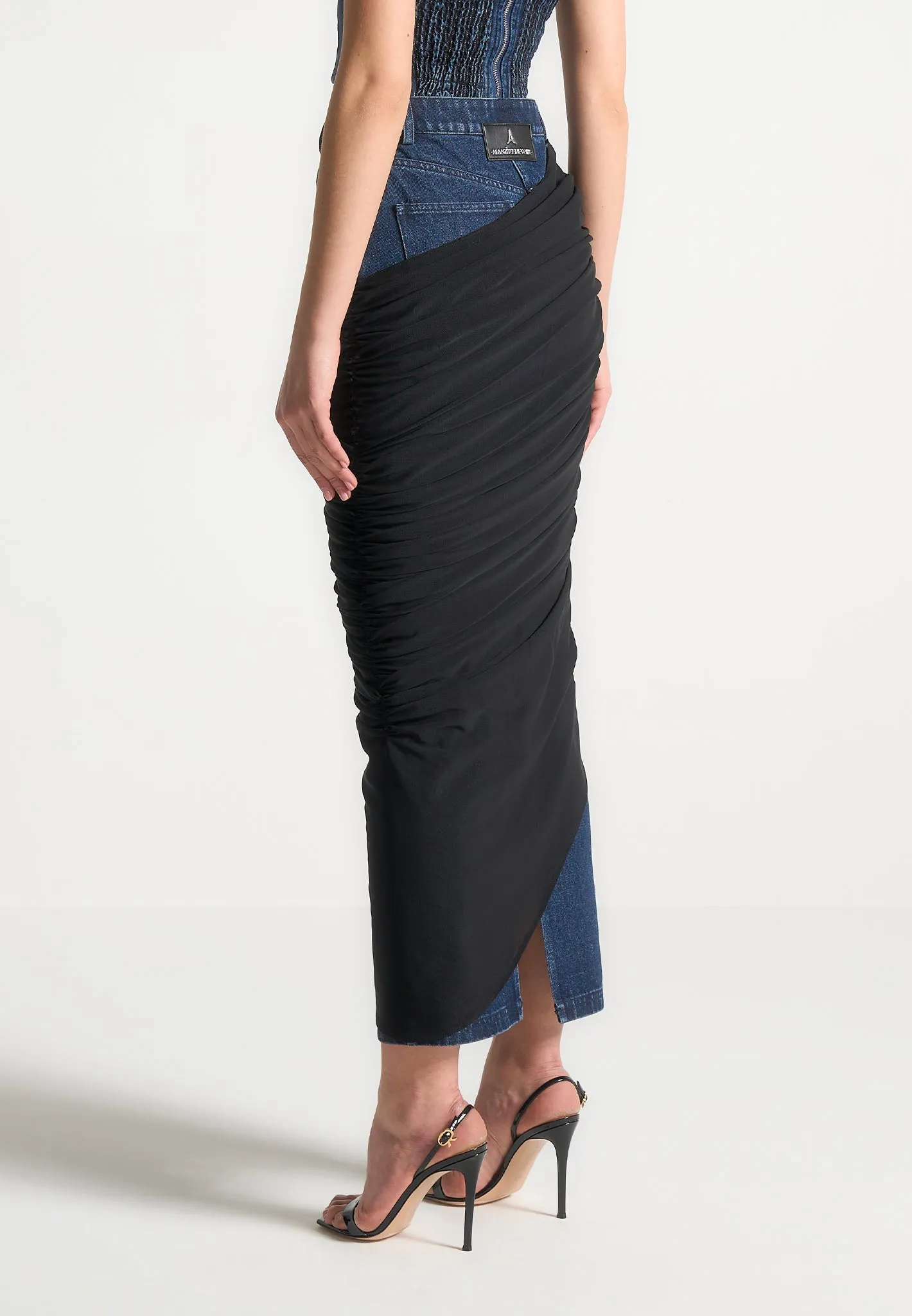 Draped Mesh Denim Maxi Skirt - Indigo