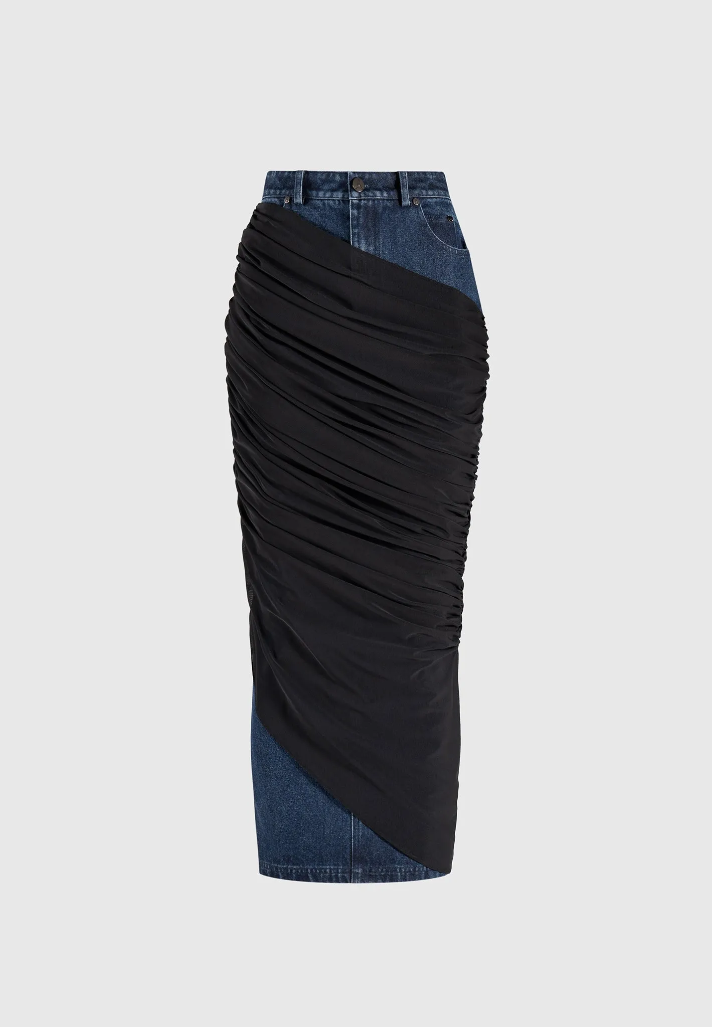 Draped Mesh Denim Maxi Skirt - Indigo