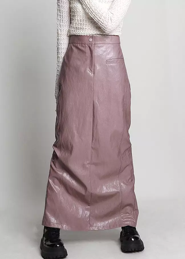 Elegant Pink Side Open High Waist Faux Leather Skirt Spring AB1045