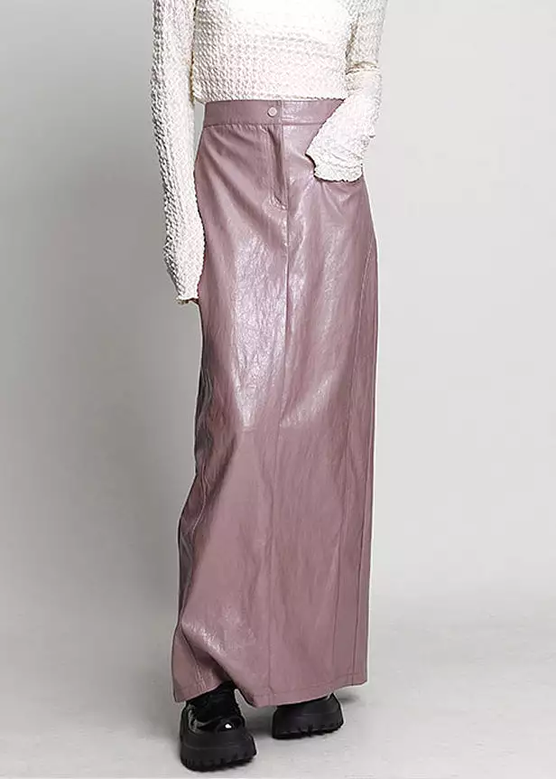 Elegant Pink Side Open High Waist Faux Leather Skirt Spring AB1045