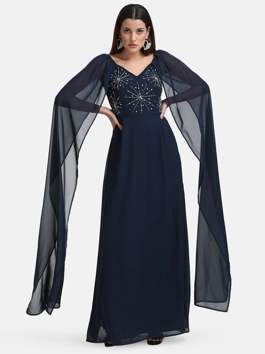 Embellished Cape Sleeve Maxi Dress