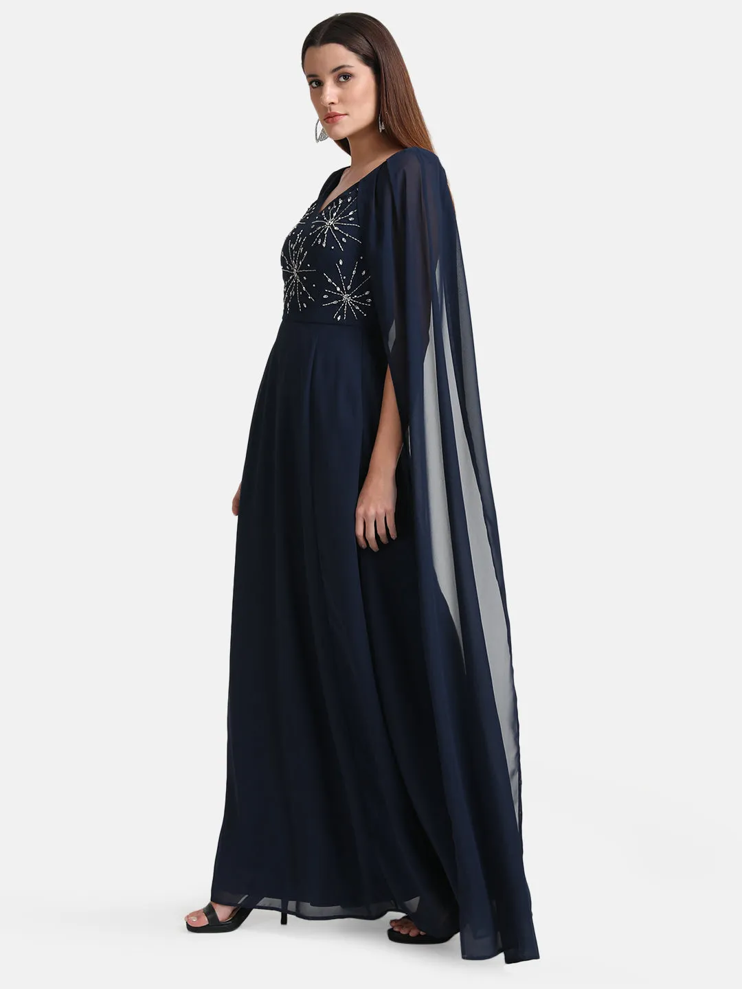 Embellished Cape Sleeve Maxi Dress