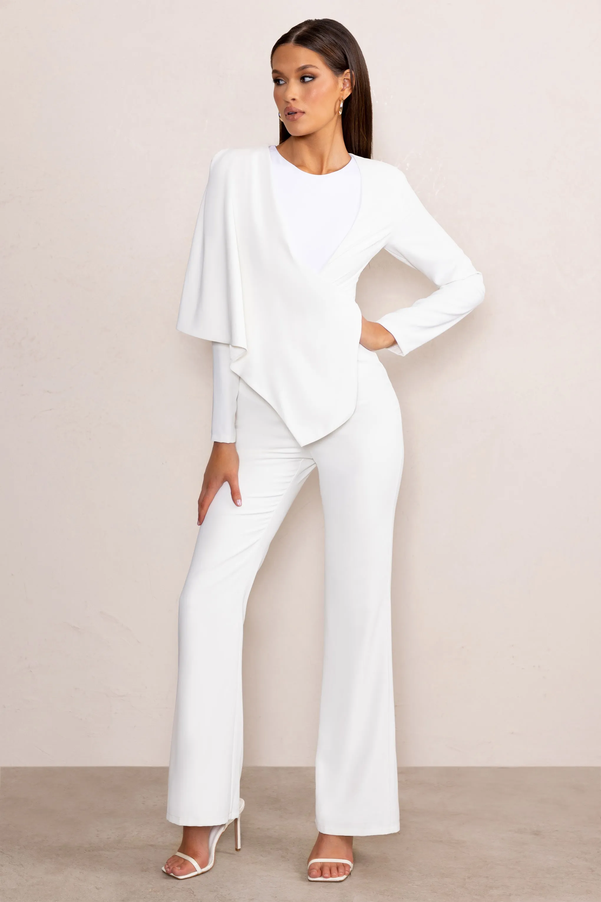 Erika | White Plunge Jumpsuit with One-Shoulder Cape Overlay