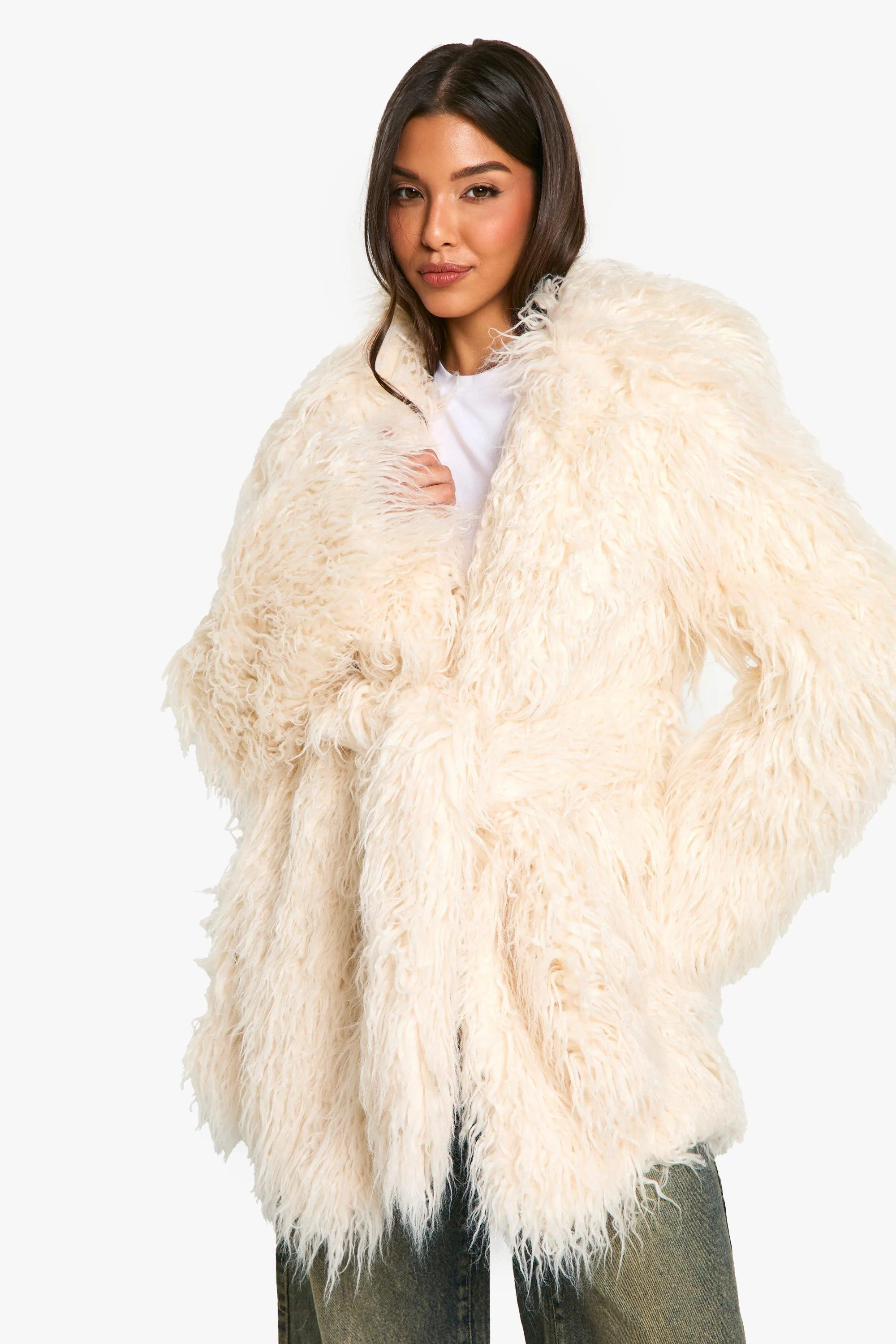 Faux Mongolian Fur Belted Coat