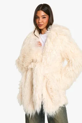 Faux Mongolian Fur Belted Coat