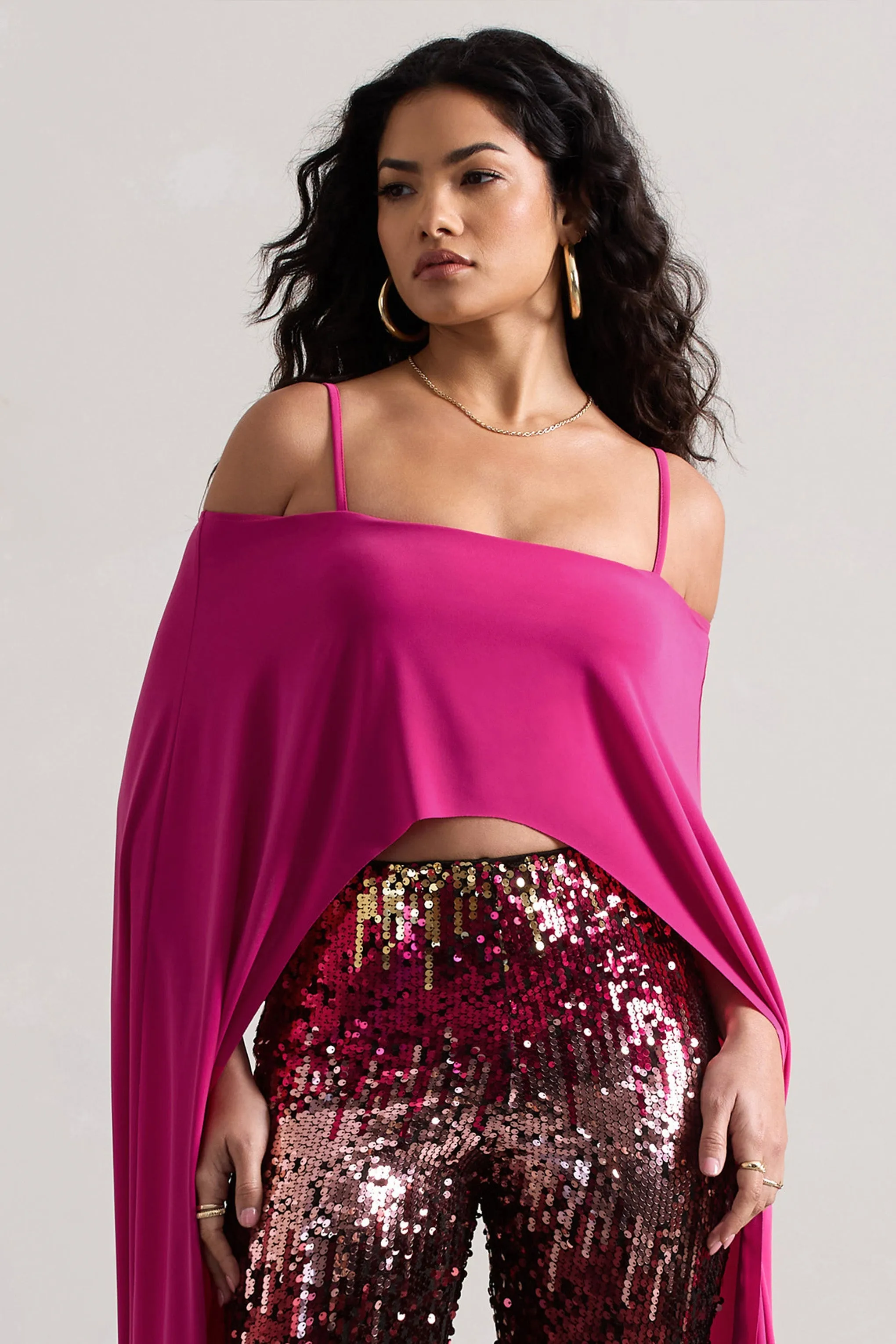 Floyd | Dark Pink Bardot Cape Sleeve Crop Top