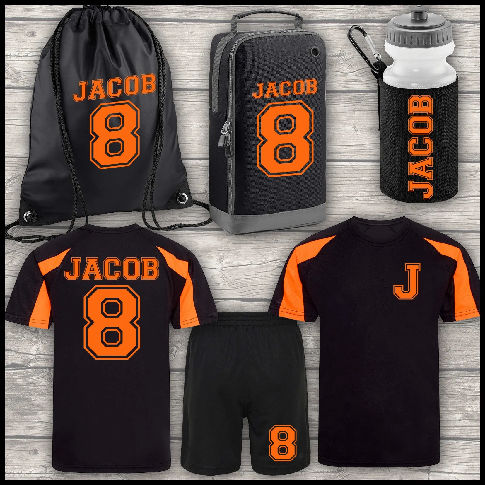 Football Shirt Football Kit Boot Bag Sports Set Water Bottle and Gym Bag Shorts Black and Orange Back To School