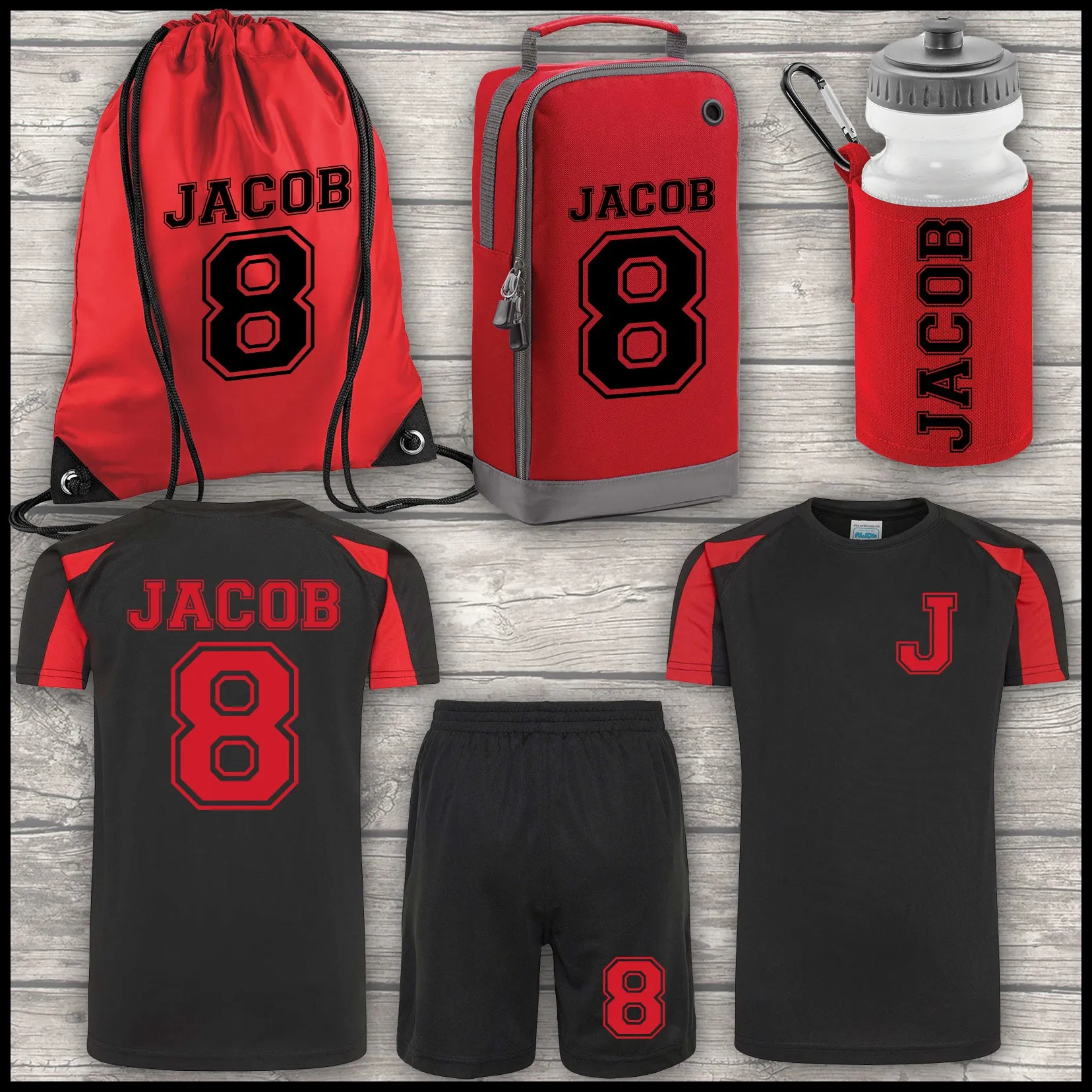 Football Shirt Football Kit Boot Bag Sports Set Water Bottle and Gym Bag Shorts Black and Red Back To School