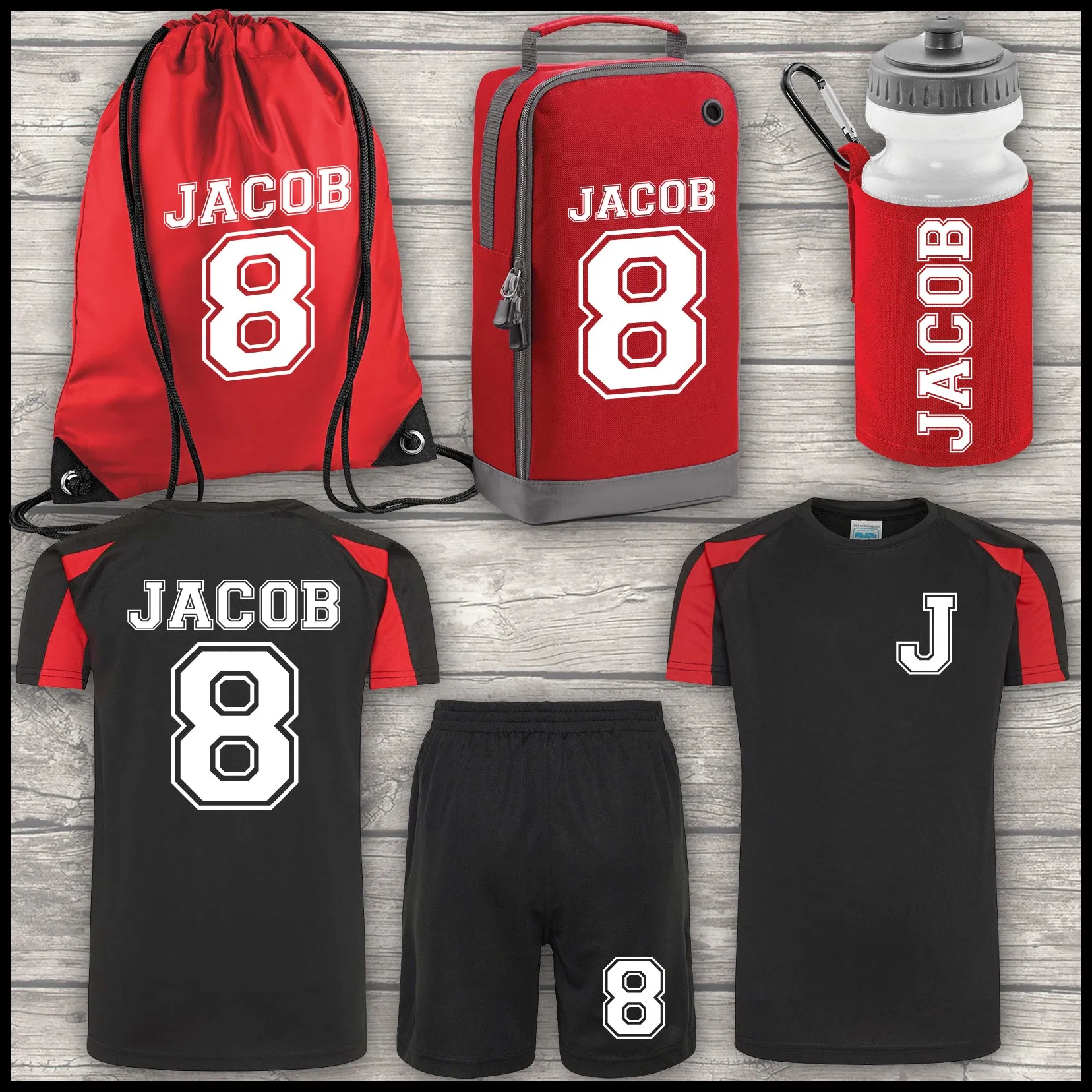 Football Shirt Football Kit Boot Bag Sports Set Water Bottle and Gym Bag Shorts Black, Red and White Back To School