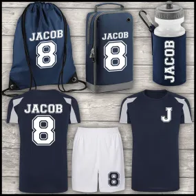 Football Shirt Football Kit Boot Bag Sports Set Water Bottle and Gym Bag Shorts Navy Blue and White Back To School