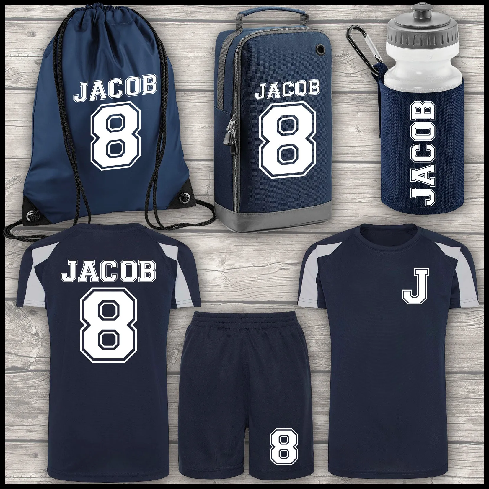 Football Shirt Football Kit Boot Bag Sports Set Water Bottle and Gym Bag Shorts Navy Blue Back To School