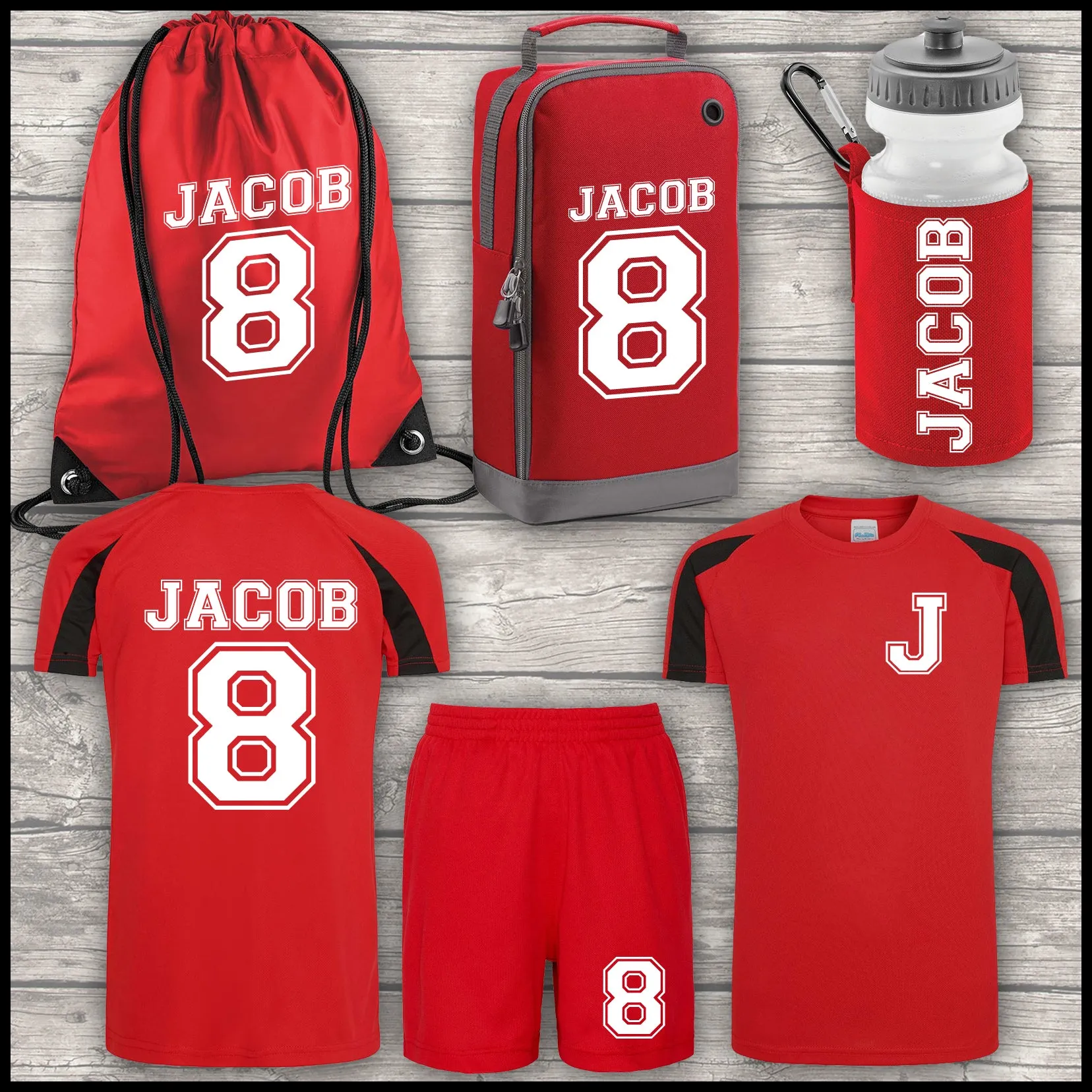 Football Shirt Football Kit Boot Bag Sports Set Water Bottle and Gym Bag Shorts Red and Black Back To School