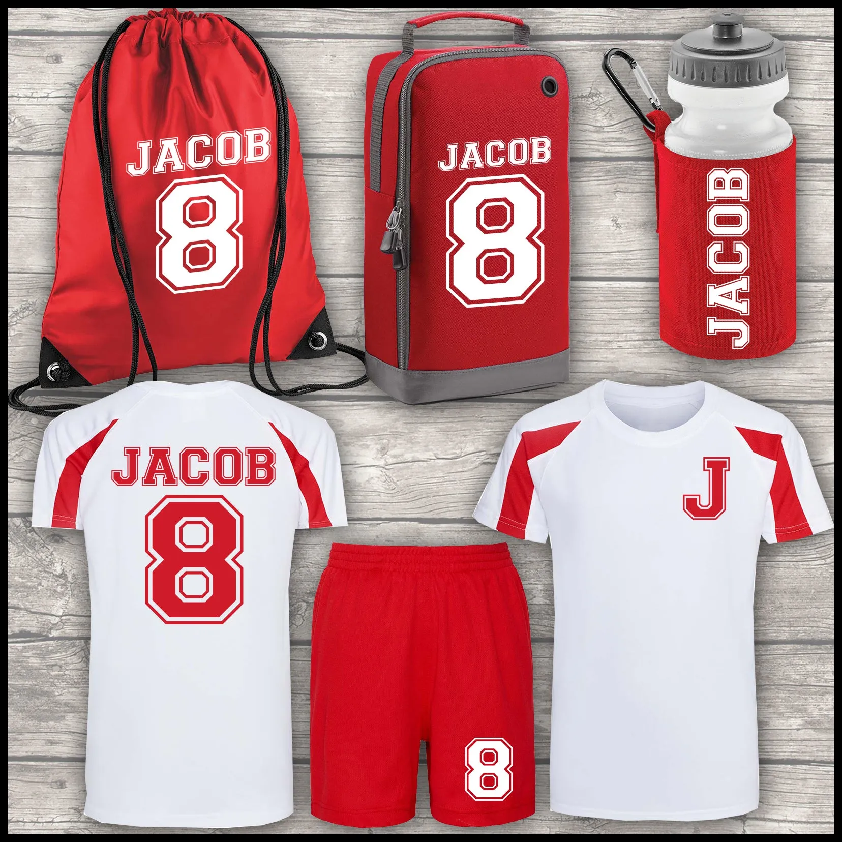 Football Shirt Football Kit Boot Bag Sports Set Water Bottle and Gym Bag Shorts Red and White Back To School