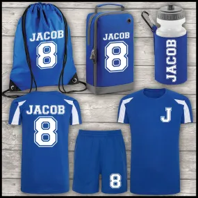 Football Shirt Football Kit Boot Bag Sports Set Water Bottle and Gym Bag Shorts Royal Blue and White Back To School