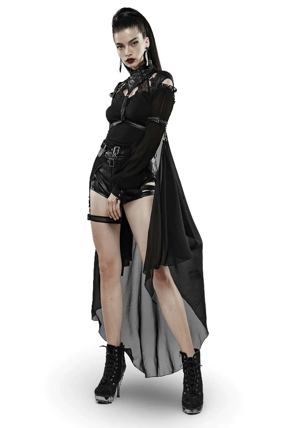 Gothic Batwing Cape with Cracked PU and Light Chiffon