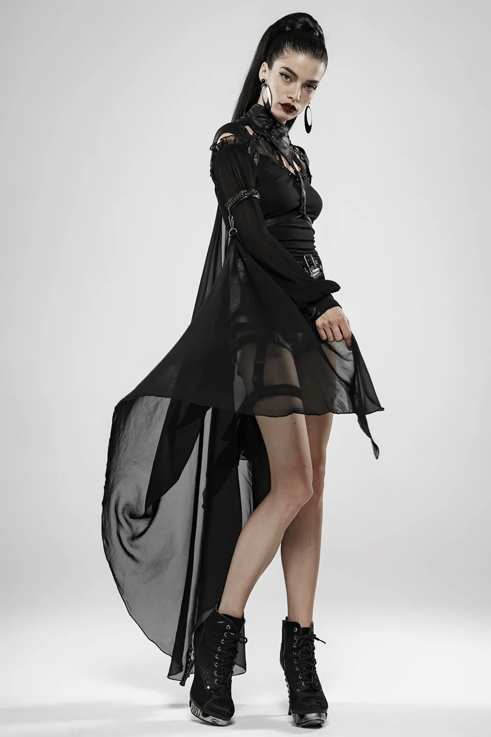 Gothic Batwing Cape with Cracked PU and Light Chiffon