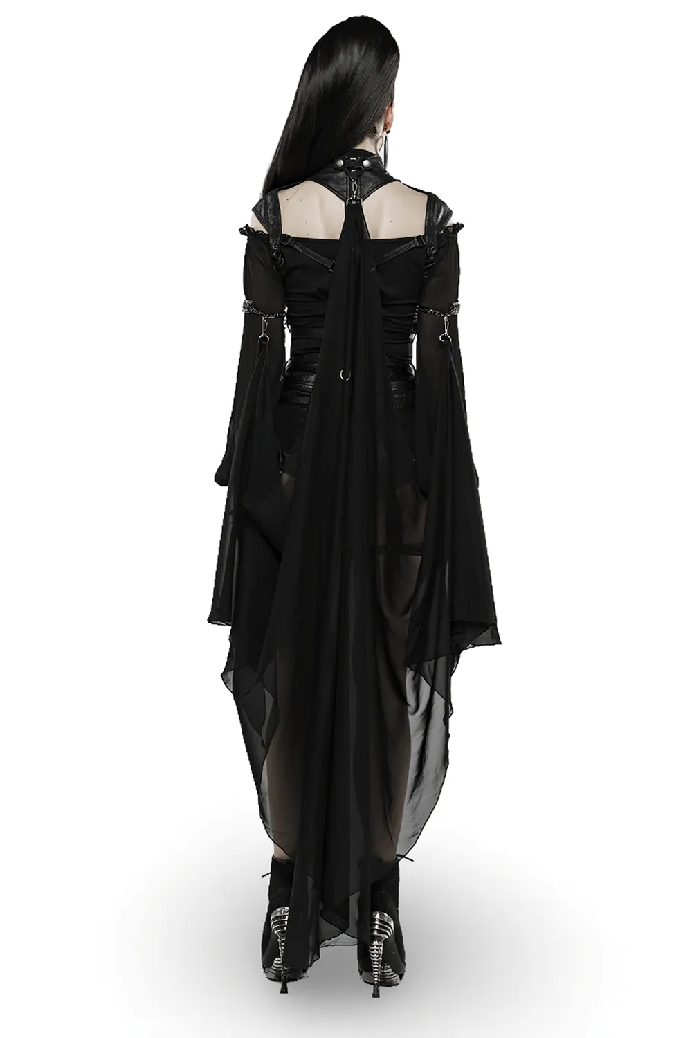 Gothic Batwing Cape with Cracked PU and Light Chiffon