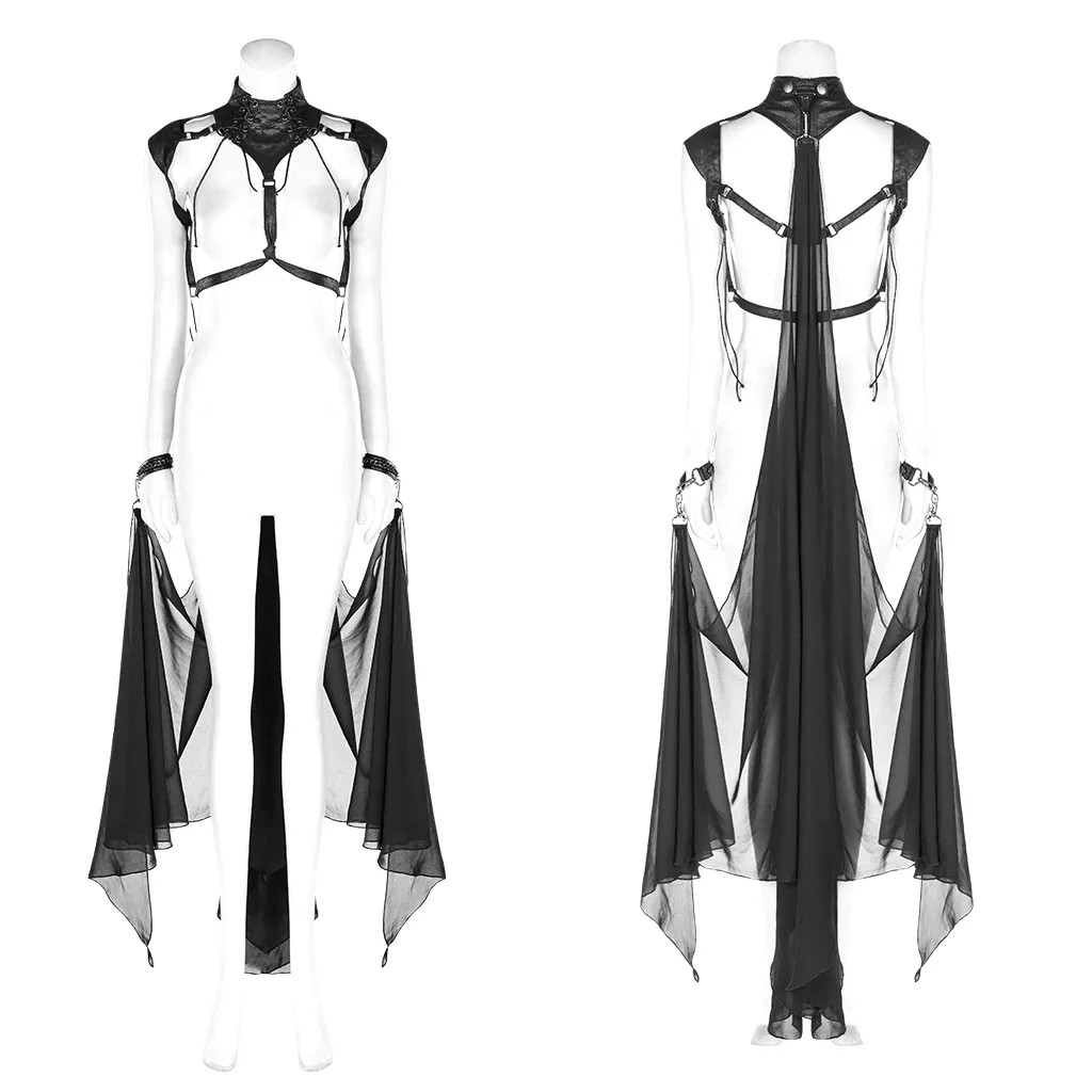 Gothic Batwing Cape with Cracked PU and Light Chiffon