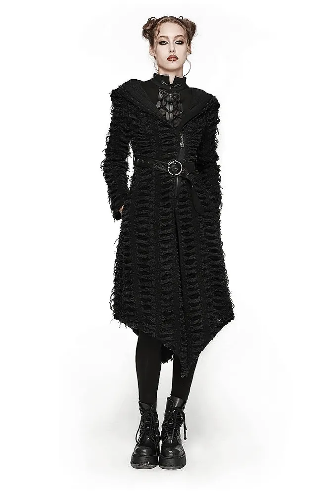 Gothic Women's Black Hooded Cape with Belt and Mesh