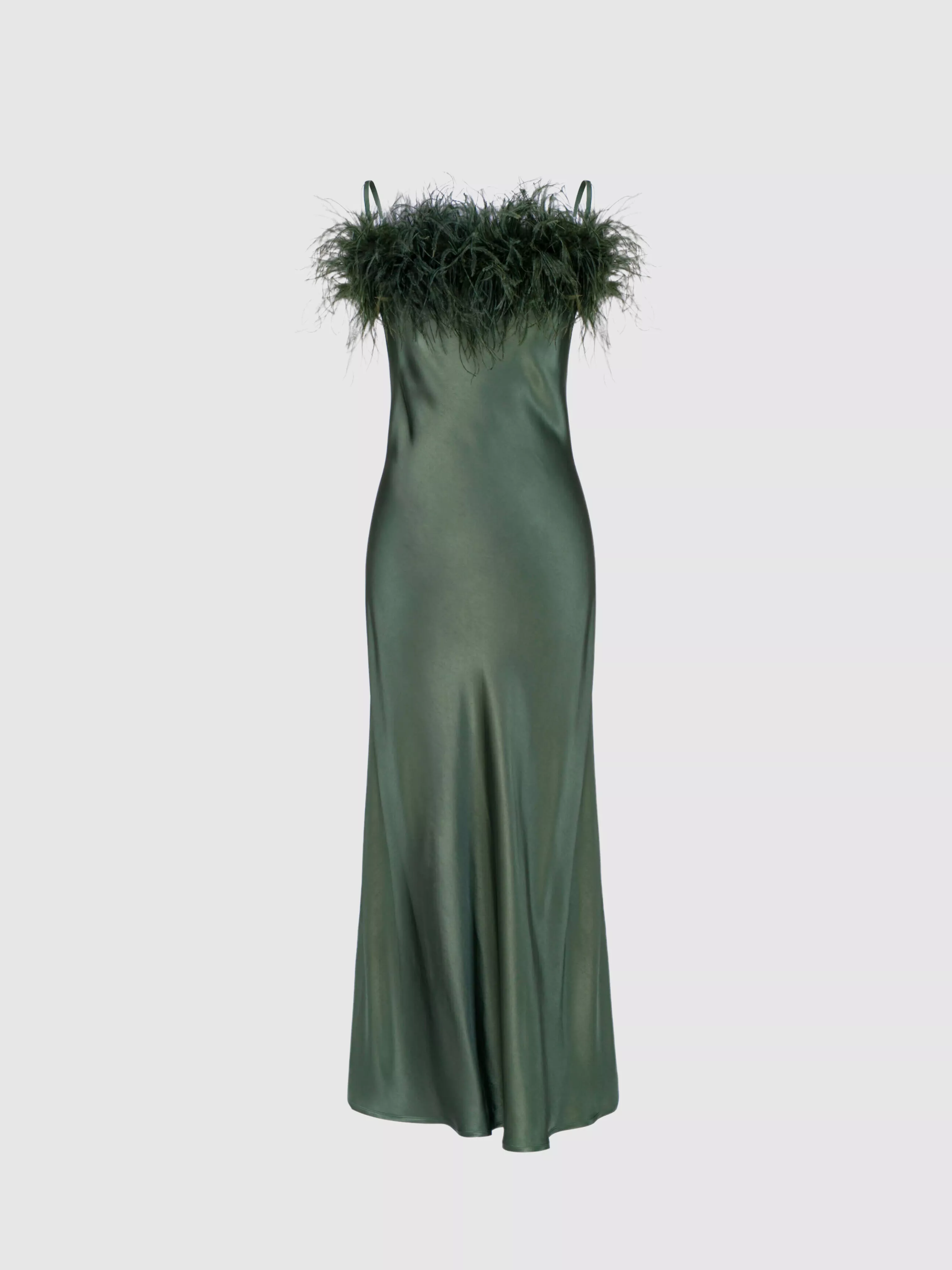 Green Boheme Feather-trimmed Satin Maxi Dress