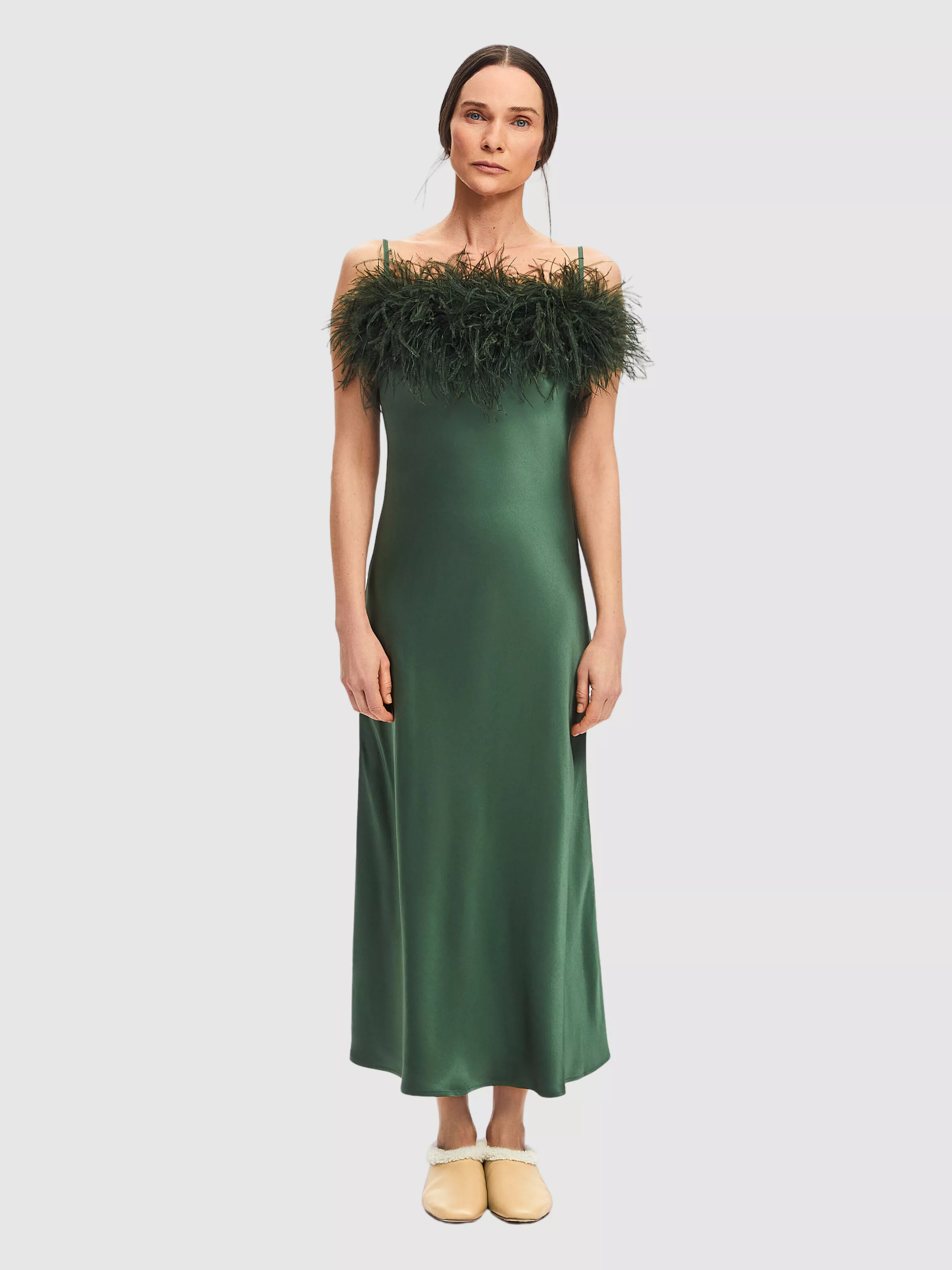 Green Boheme Feather-trimmed Satin Maxi Dress