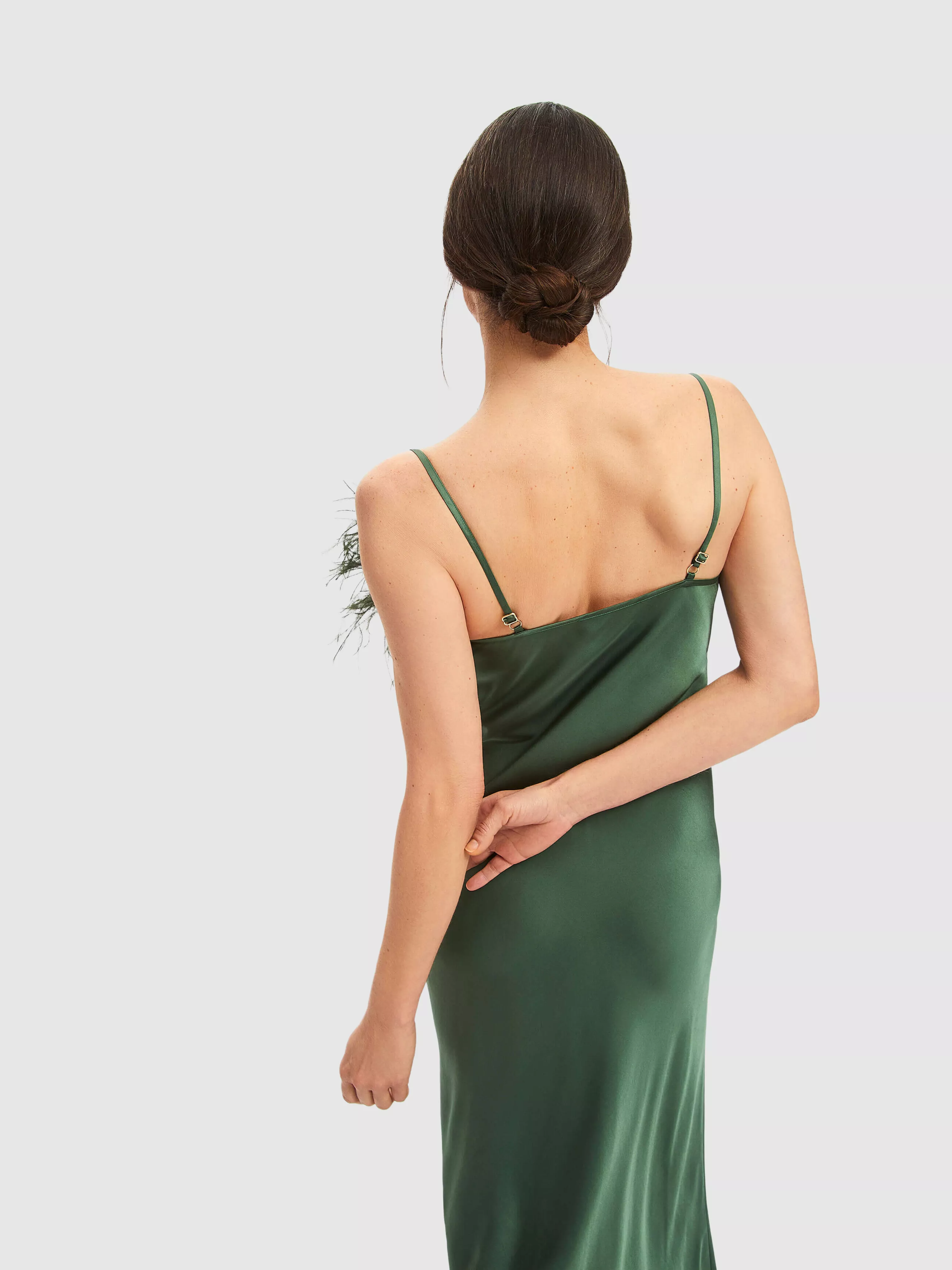 Green Boheme Feather-trimmed Satin Maxi Dress