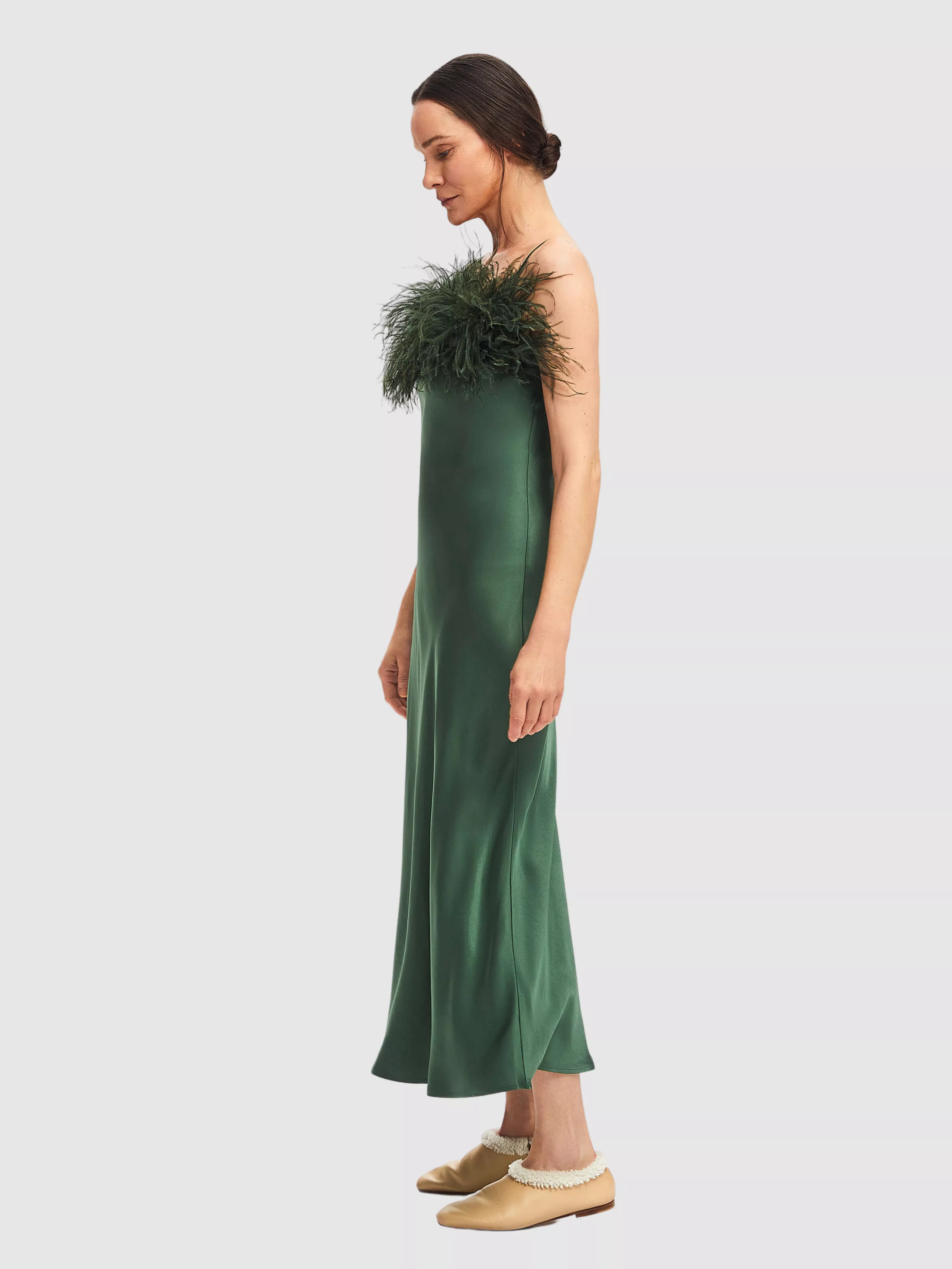 Green Boheme Feather-trimmed Satin Maxi Dress