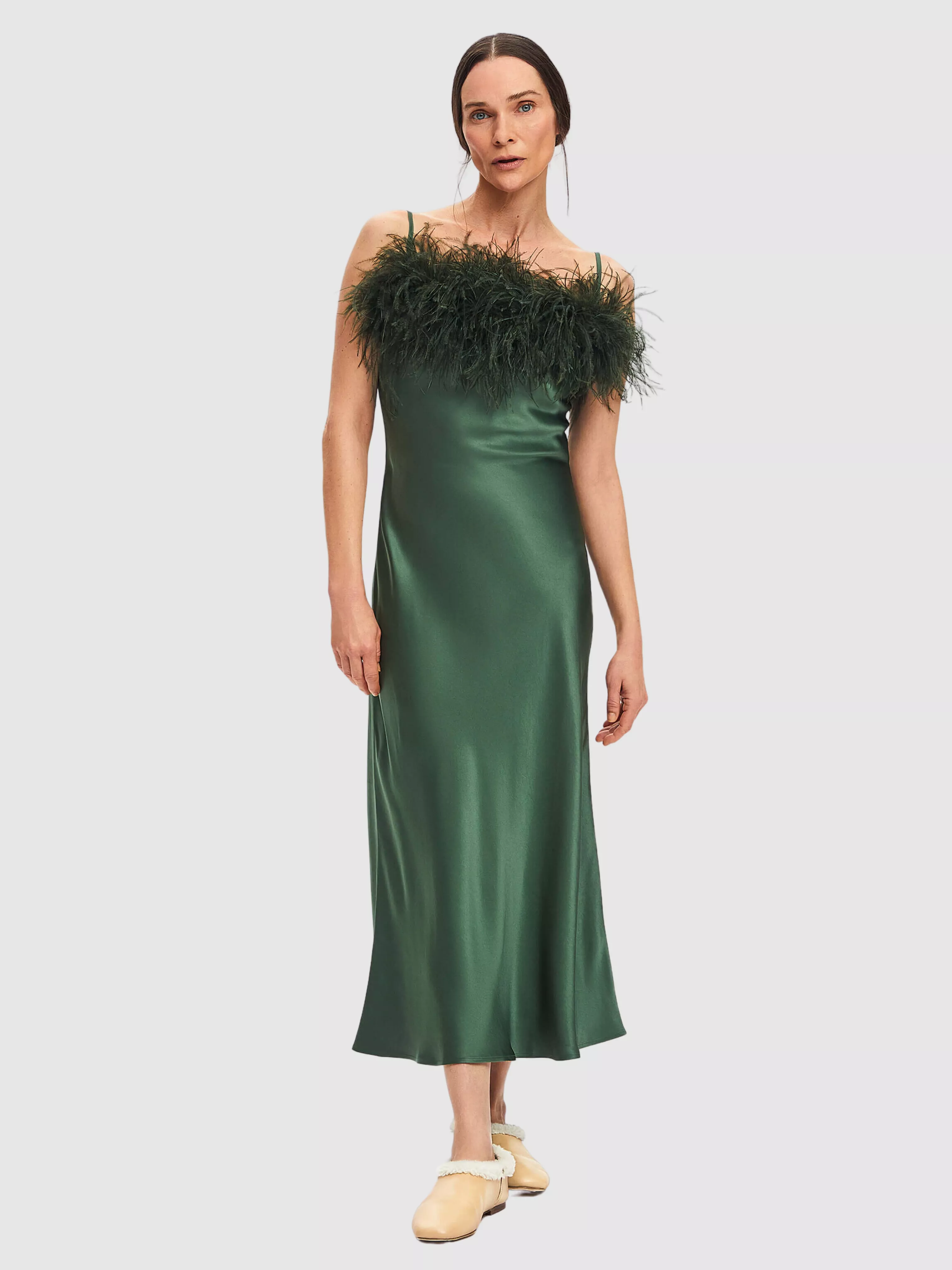 Green Boheme Feather-trimmed Satin Maxi Dress