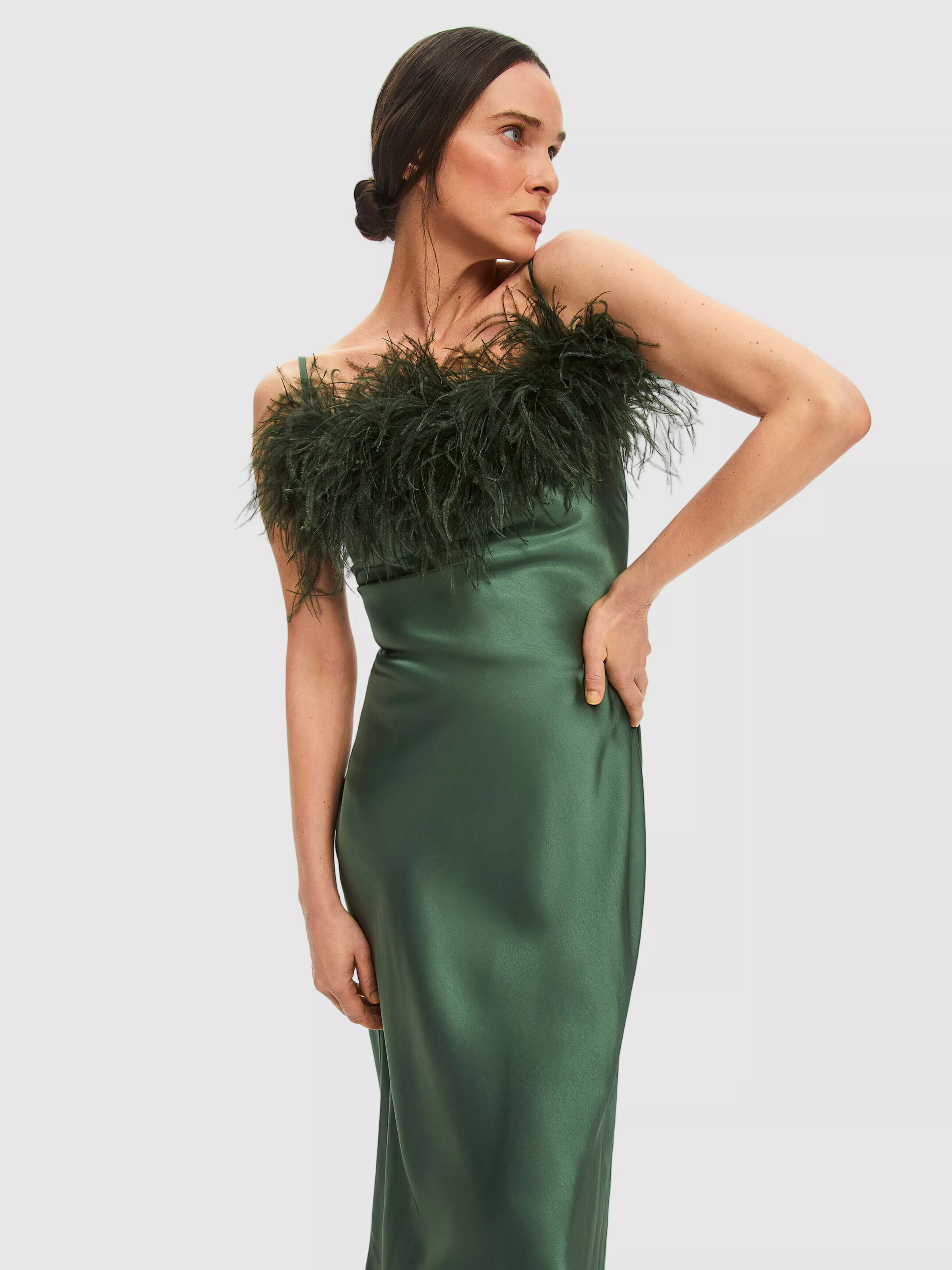 Green Boheme Feather-trimmed Satin Maxi Dress