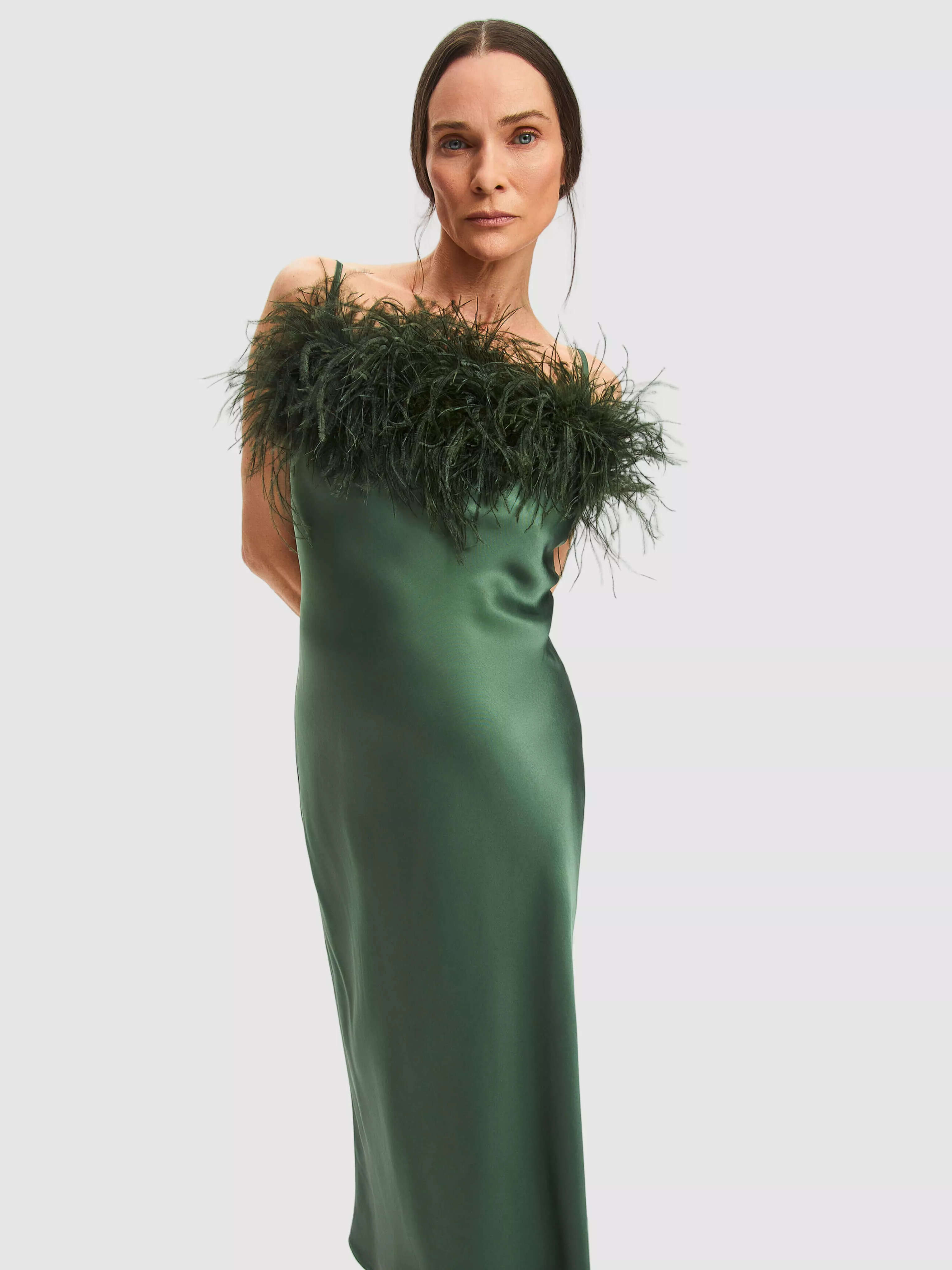 Green Boheme Feather-trimmed Satin Maxi Dress