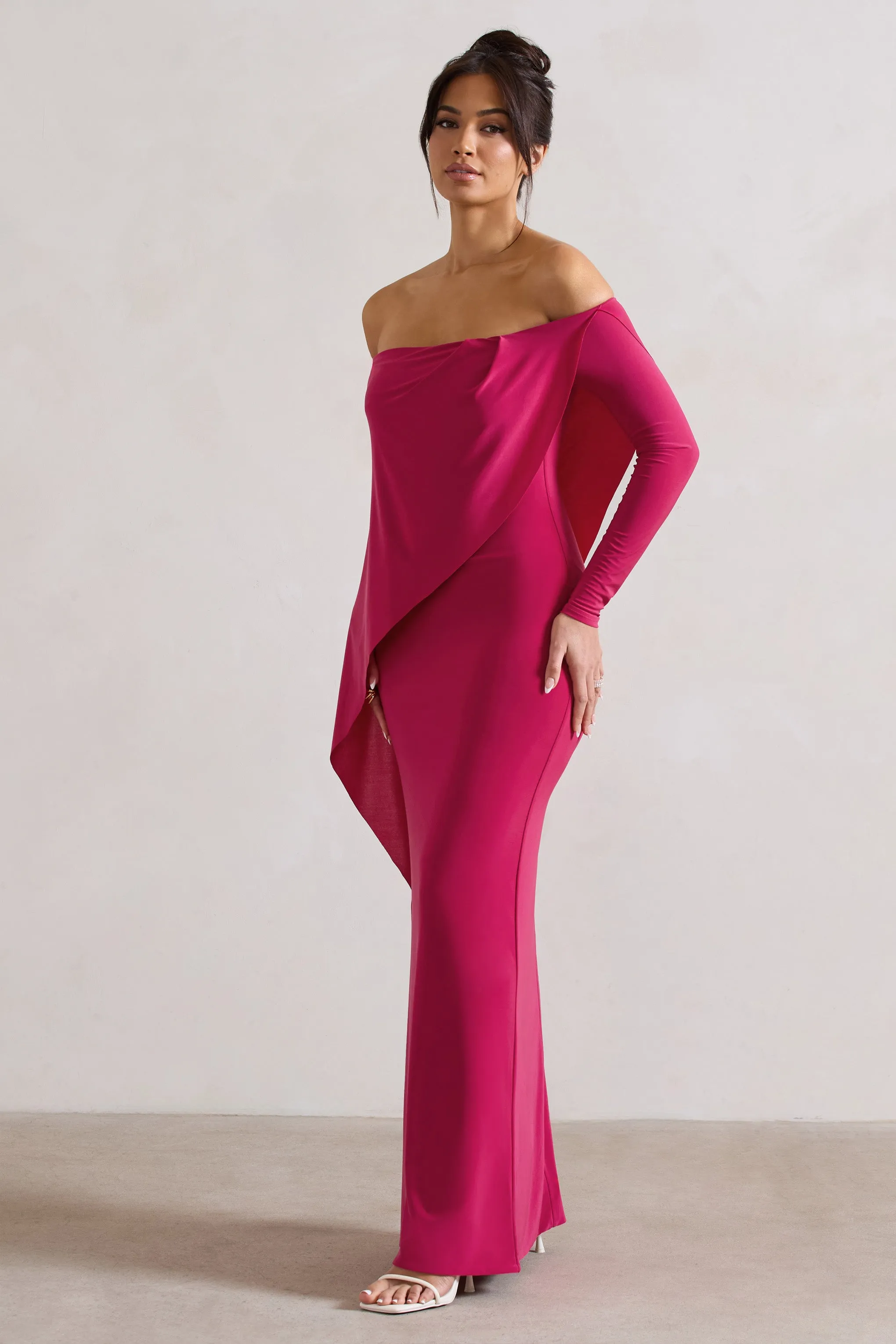 Jana | Dark Pink Bardot Cape Maxi Dress